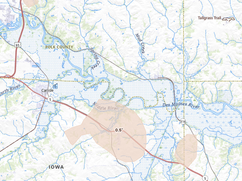 Radar-estimated hail-size map of the storm over Carlisle, IA on May 18, 2026