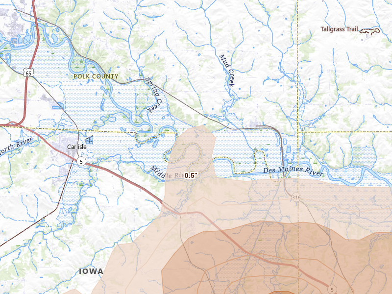 Radar-estimated hail-size map of the storm over Carlisle, IA on Jun 5, 2026