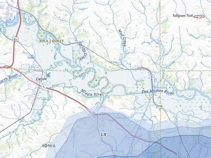 NEXRAD radar-signature map of the hail storm over Carlisle, IA on Jun 5, 2026