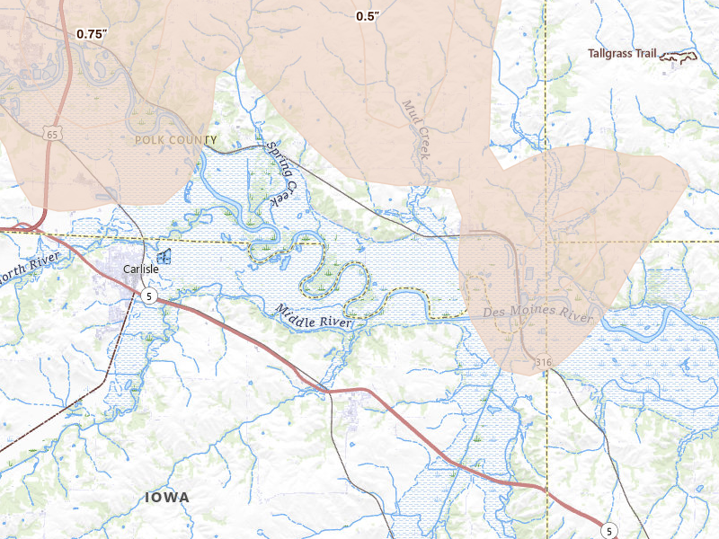 Radar-estimated hail-size map of the storm over Carlisle, IA on Jul 3, 2026