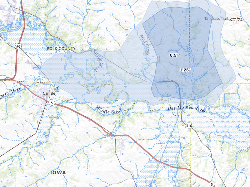 NEXRAD radar-signature map of the hail storm over Carlisle, IA on Jul 3, 2026
