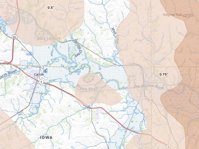 Radar-estimated hail-size map of the storm over Carlisle, IA on Jul 20, 2026