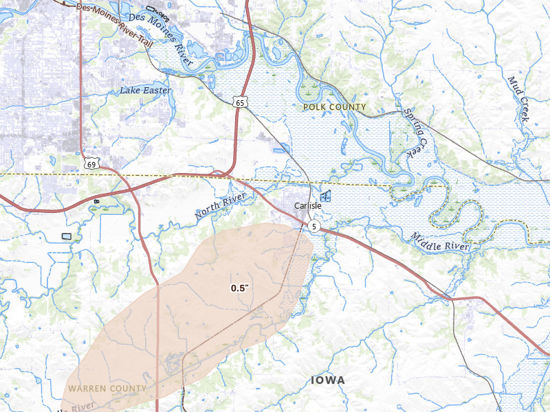 Radar-estimated hail-size map of the storm over Carlisle, IA on Aug 13, 2026