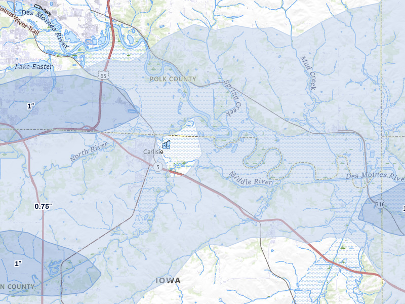 NEXRAD radar-signature map of the hail storm over Carlisle, IA on Aug 13, 2026