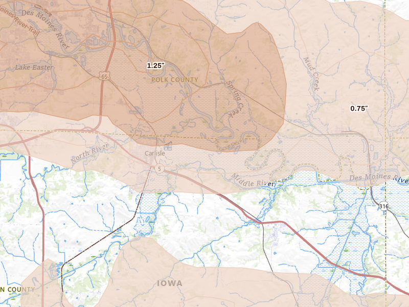 Radar-estimated hail-size map of the storm over Carlisle, IA
