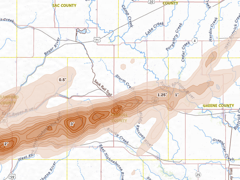 Radar-estimated hail-size map of the storm over Carroll, IA