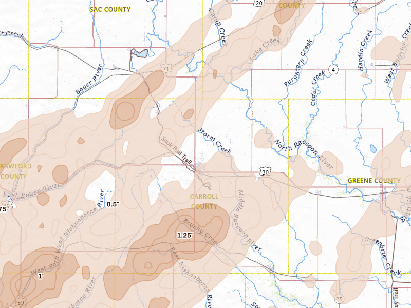 Radar-estimated hail-size map of the storm over Carroll, IA on Apr 23, 2026