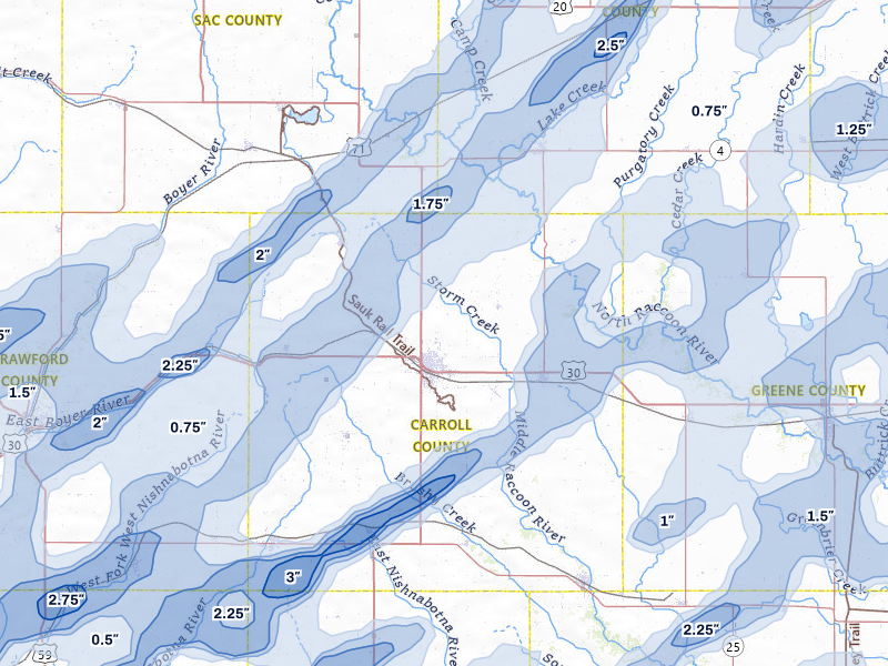 NEXRAD radar-signature map of the hail over Carroll, IA
