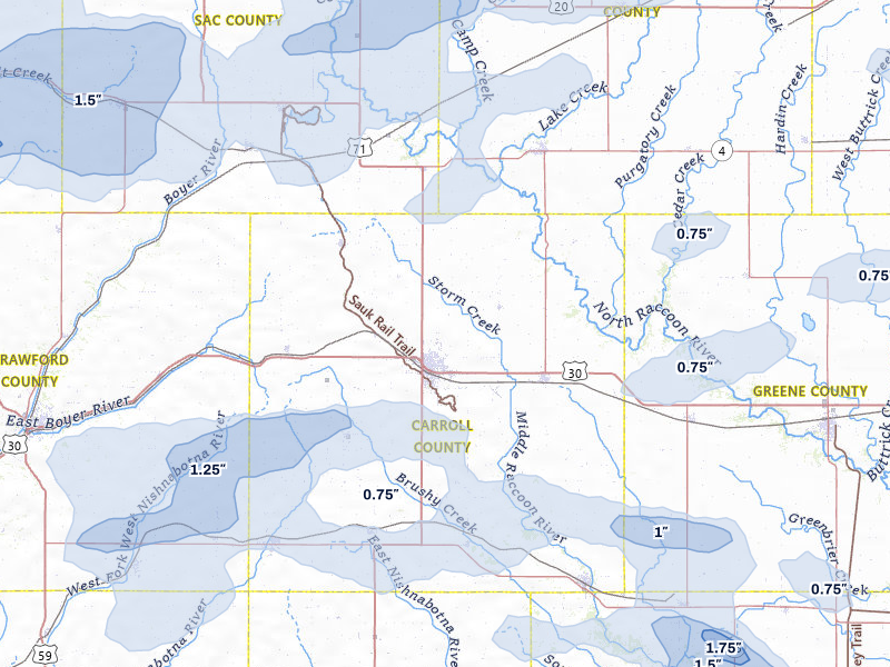 NEXRAD radar-signature map of the hail storm over Carroll, IA on May 15, 2026
