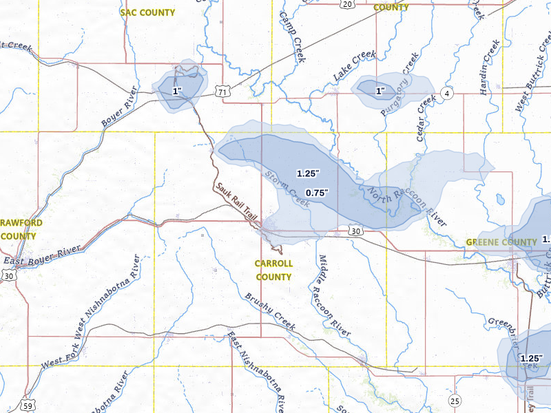 NEXRAD radar-signature map of the hail storm over Carroll, IA on Jul 3, 2026