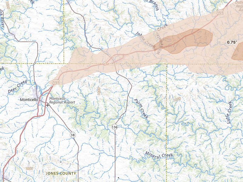 Radar-estimated hail-size map of the storm over Cascade, IA on Mar 10, 2026