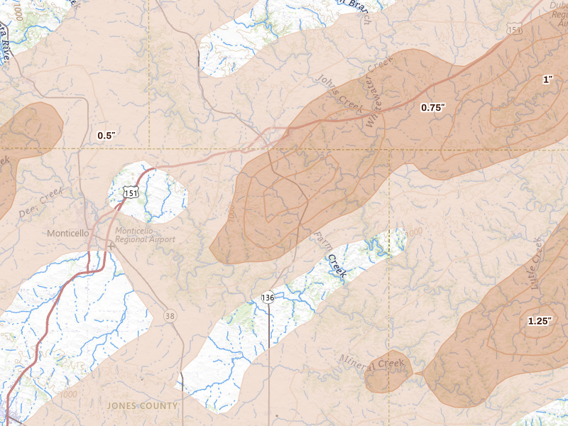 Radar-estimated hail-size map of the storm over Cascade, IA on Apr 17, 2026