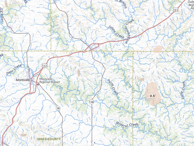 Radar-estimated hail-size map of the storm over Cascade, IA on Apr 23, 2026