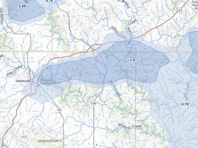 NEXRAD radar-signature map of the hail storm over Cascade, IA on Jul 3, 2026