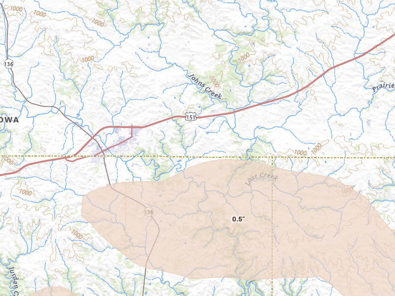 Radar-estimated hail-size map of the storm over Cascade, IA on Aug 11, 2026