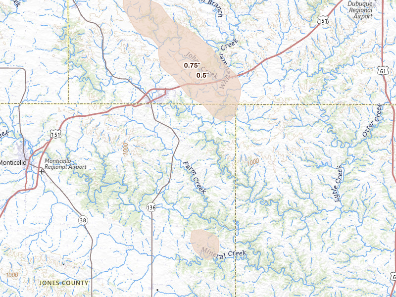 Radar-estimated hail-size map of the storm over Cascade, IA on Aug 21, 2026