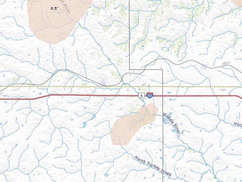 Radar-estimated hail-size map of the storm over Casey, IA on May 15, 2026