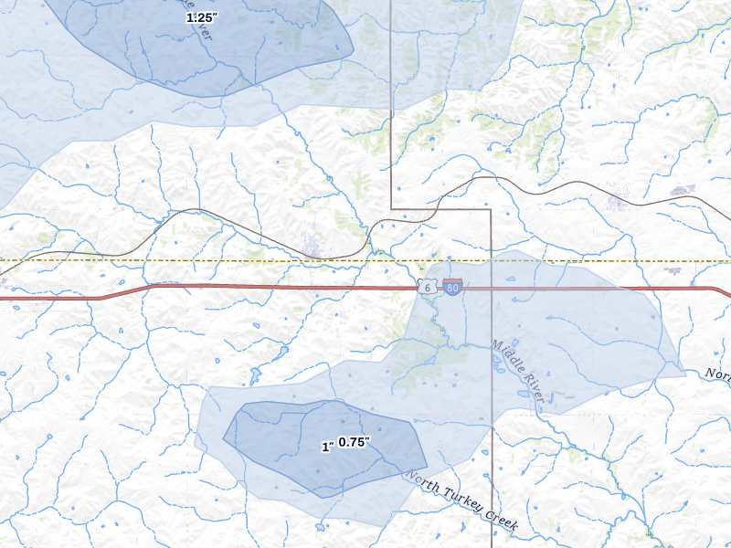 NEXRAD radar-signature map of the hail storm over Casey, IA on May 15, 2026