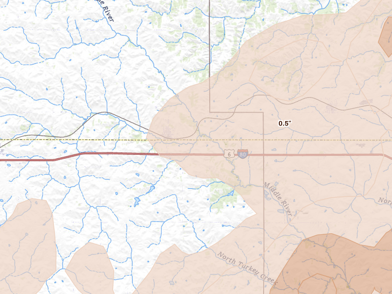 Radar-estimated hail-size map of the storm over Casey, IA on Jun 10, 2026