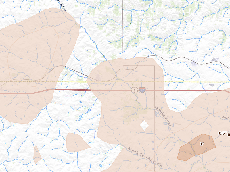 Radar-estimated hail-size map of the storm over Casey, IA on Aug 13, 2026