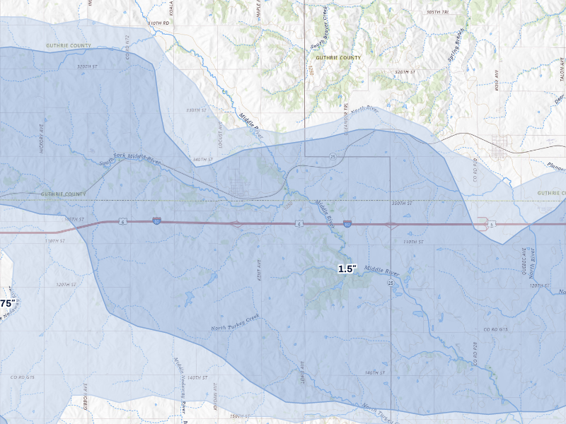 NEXRAD radar-signature map of the hail storm over Casey, IA on Aug 13, 2026