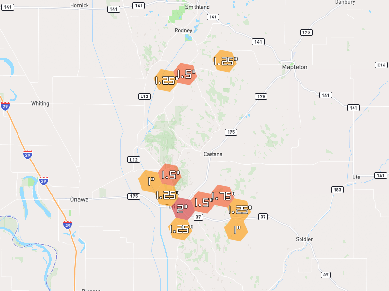Hail map of Castana, IA on Jul 8, 2026, hail up to 2"