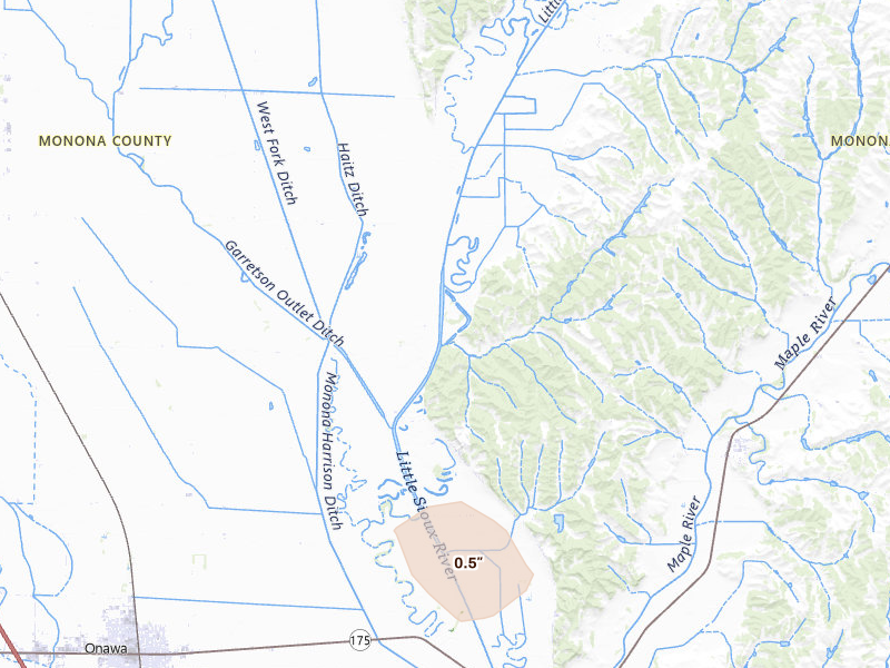 Radar-estimated hail-size map of the storm over Castana, IA on Aug 8, 2026