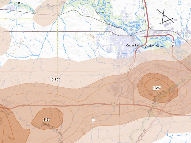 Radar-estimated hail-size map of the storm over Cedar Falls, IA