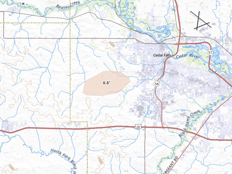 Radar-estimated hail-size map of the storm over Cedar Falls, IA on May 16, 2026