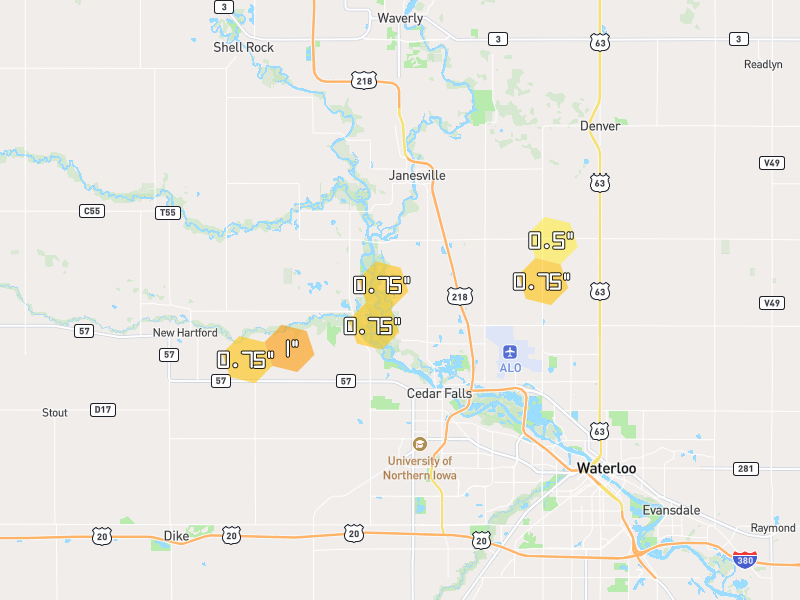 Hail map of Cedar Falls, IA on Jul 2, 2026, hail up to 1"