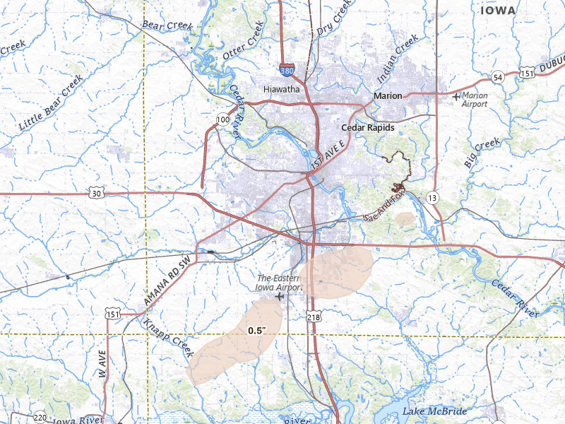 Radar-estimated hail-size map of the storm over Cedar Rapids, IA on Mar 10, 2026