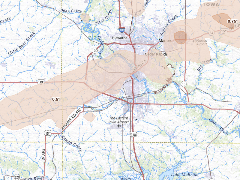 Radar-estimated hail-size map of the storm over Cedar Rapids, IA