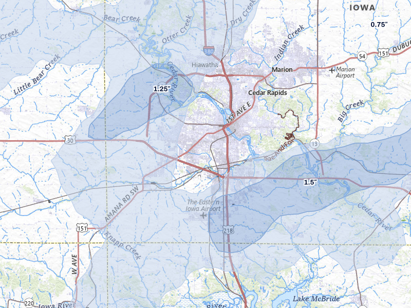NEXRAD radar-signature map of the hail over Cedar Rapids, IA