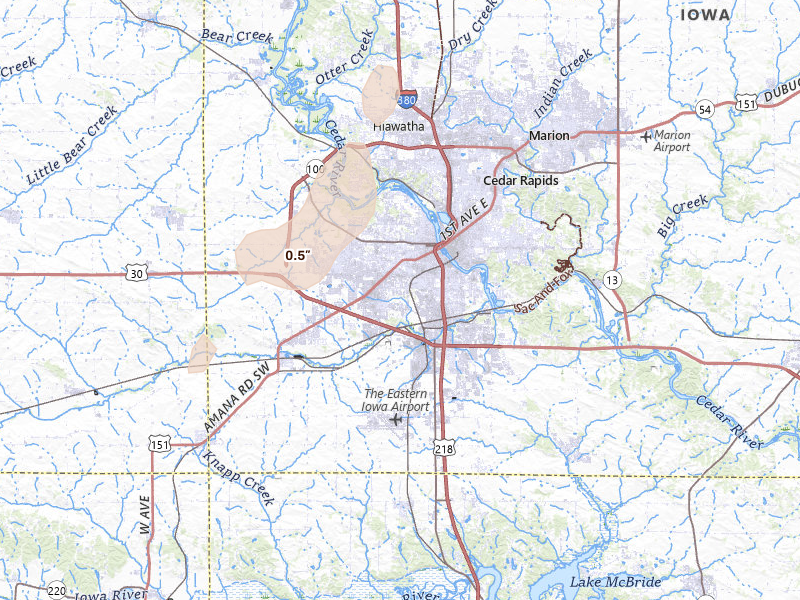 Radar-estimated hail-size map of the storm over Cedar Rapids, IA on Apr 23, 2026
