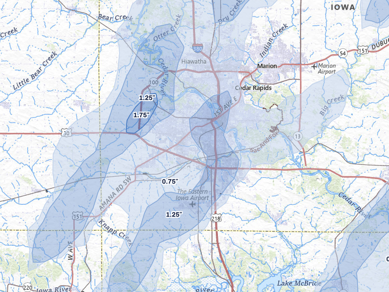 NEXRAD radar-signature map of the hail over Cedar Rapids, IA