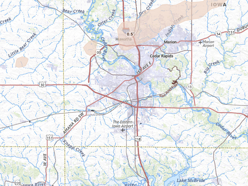 Radar-estimated hail-size map of the storm over Cedar Rapids, IA on Apr 27, 2026