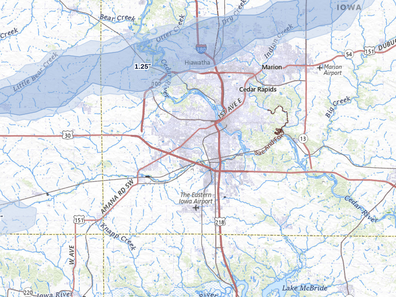 NEXRAD radar-signature map of the hail over Cedar Rapids, IA