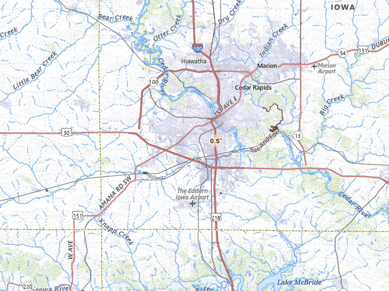 Radar-estimated hail-size map of the storm over Cedar Rapids, IA on Jun 10, 2026