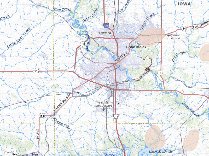 Radar-estimated hail-size map of the storm over Cedar Rapids, IA on Jul 3, 2026