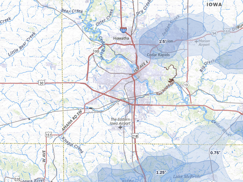 NEXRAD radar-signature map of the hail storm over Cedar Rapids, IA on Jul 3, 2026