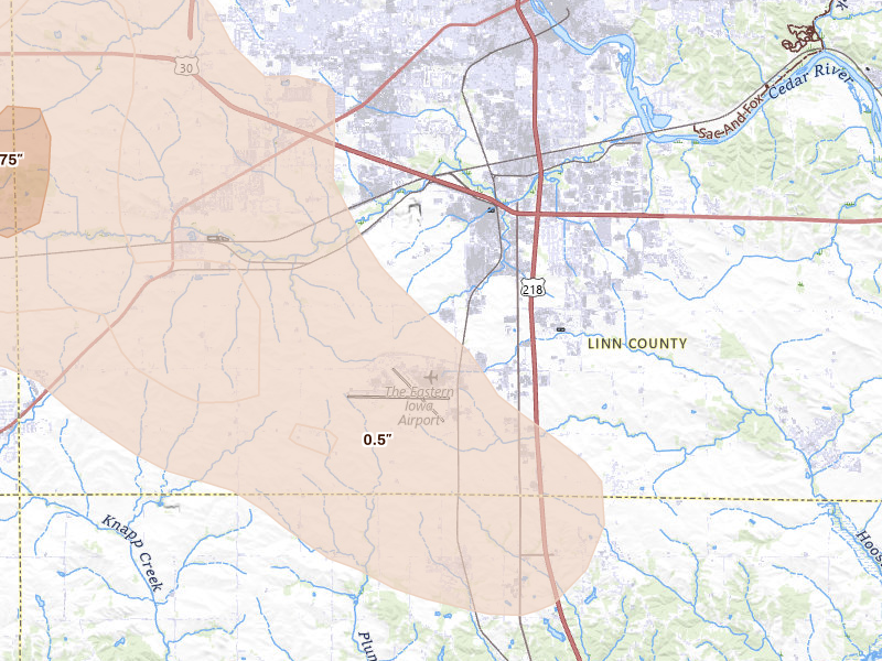Radar-estimated hail-size map of the storm over Cedar Rapids, IA on Aug 7, 2026