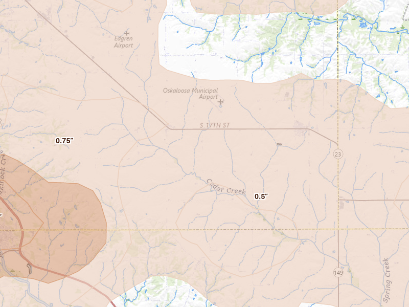 Radar-estimated hail-size map of the storm over Cedar, IA on Jun 11, 2026