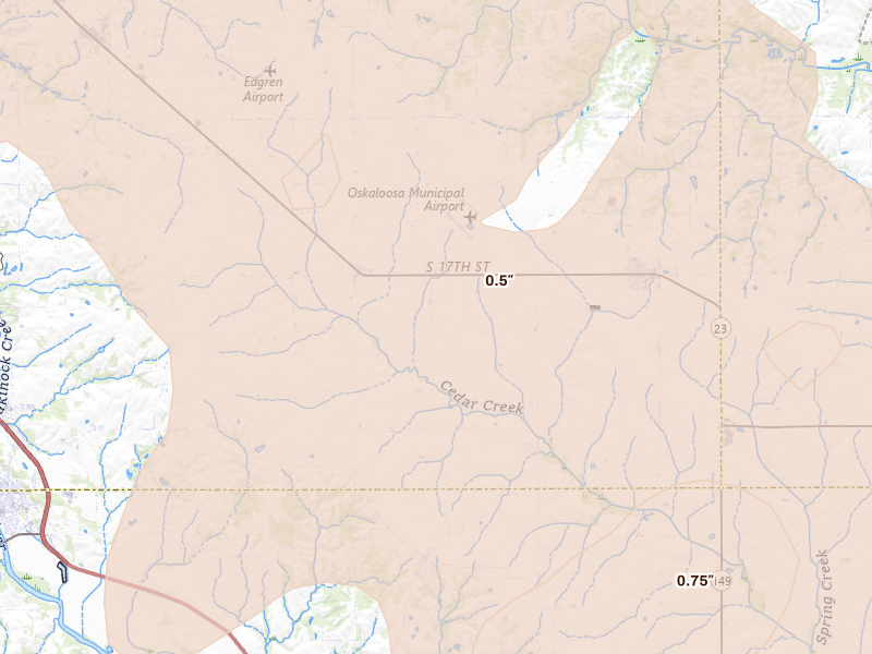 Radar-estimated hail-size map of the storm over Cedar, IA on Jun 17, 2026