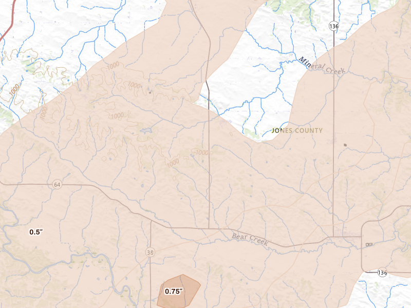 Radar-estimated hail-size map of the storm over Center Junction, IA on Apr 17, 2026