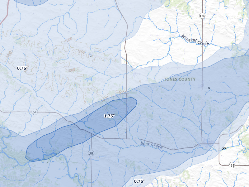 NEXRAD radar-signature map of the hail over Center Junction, IA