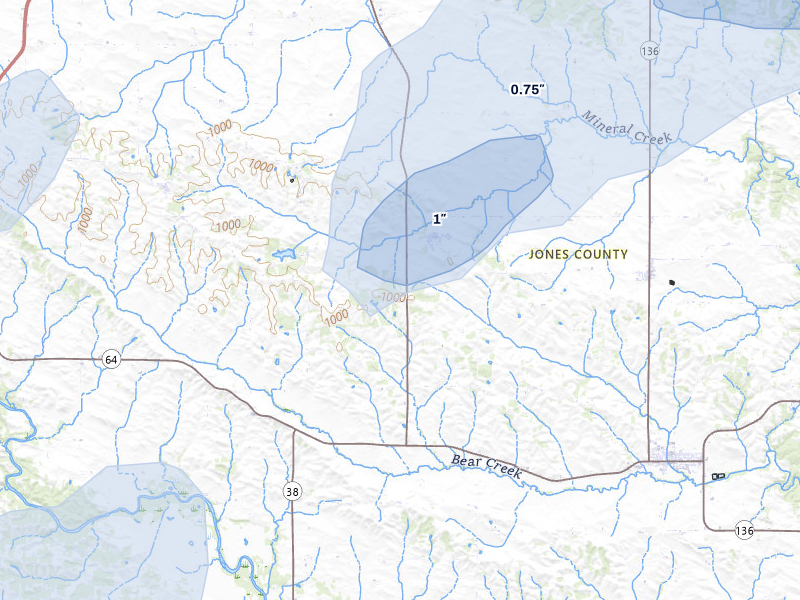 NEXRAD radar-signature map of the hail over Center Junction, IA