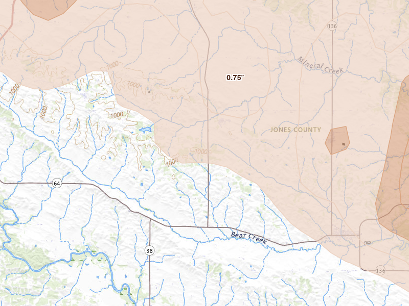 Radar-estimated hail-size map of the storm over Center Junction, IA on Jun 28, 2026