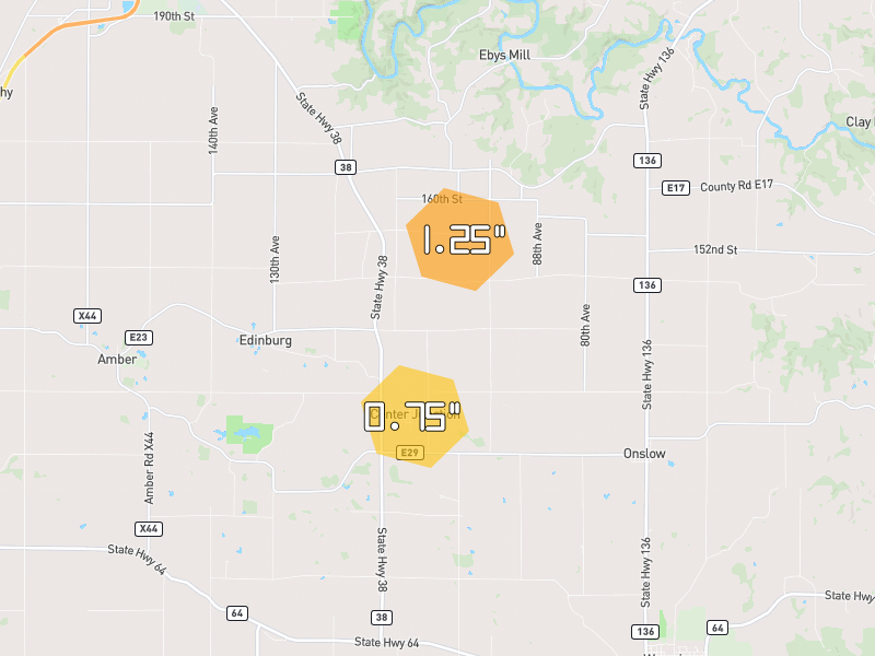 Hail map of Center Junction, IA on Jun 28, 2026, hail up to 1.25"