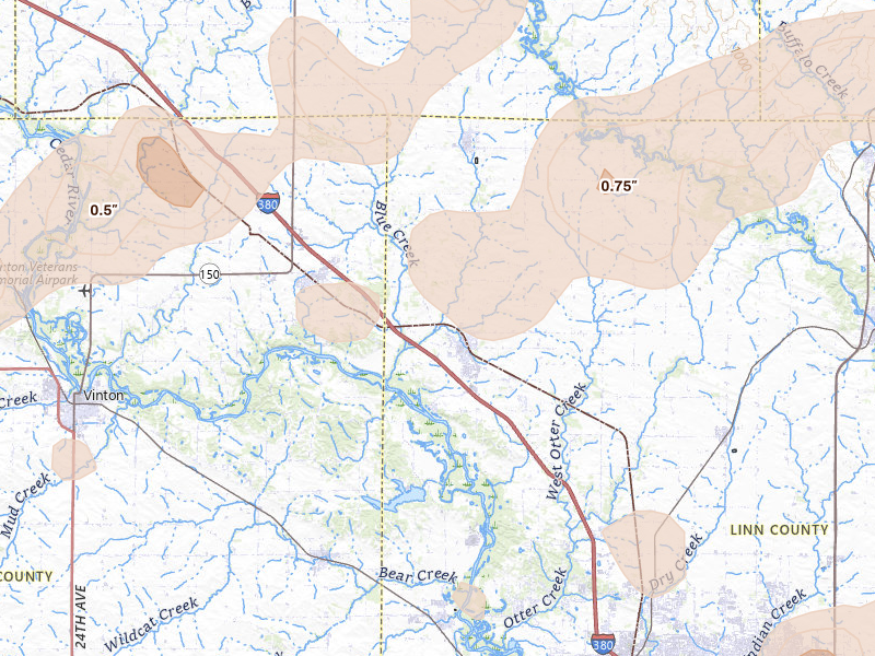 Radar-estimated hail-size map of the storm over Center Point, IA
