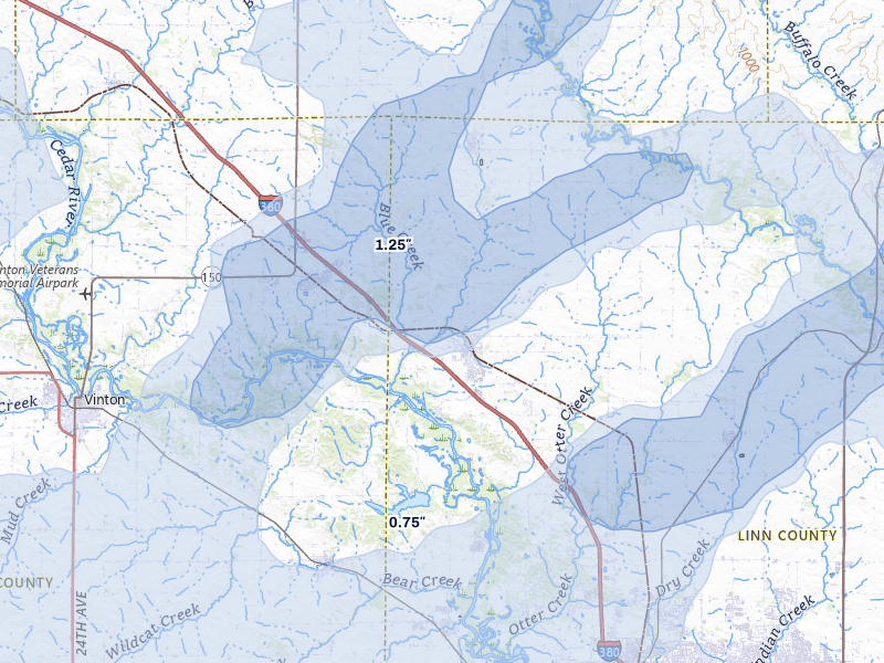 NEXRAD radar-signature map of the hail over Center Point, IA